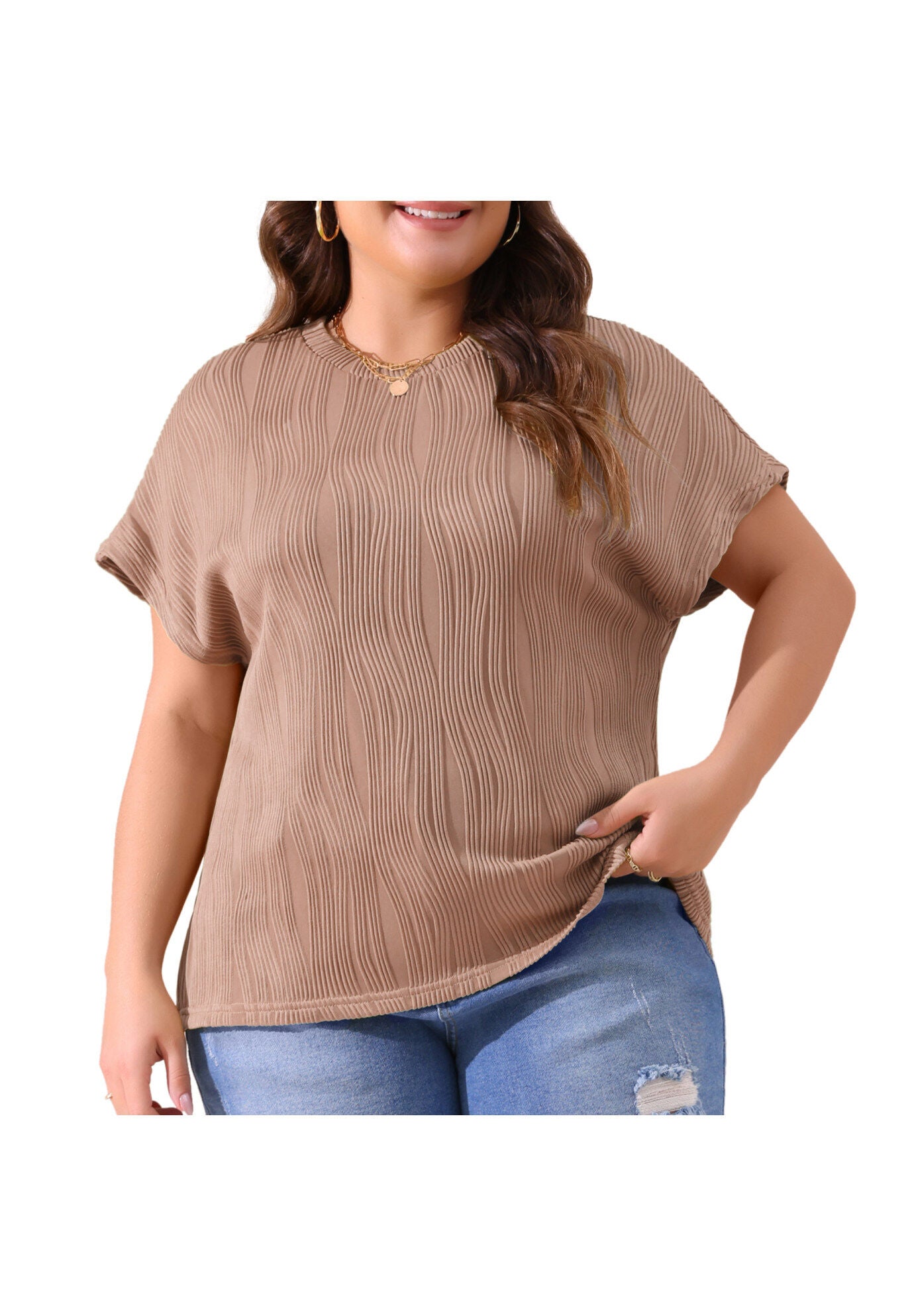 Short Sleeve Textured Top Crewneck T-Shirt, Brown / Brown, alternate image number 2