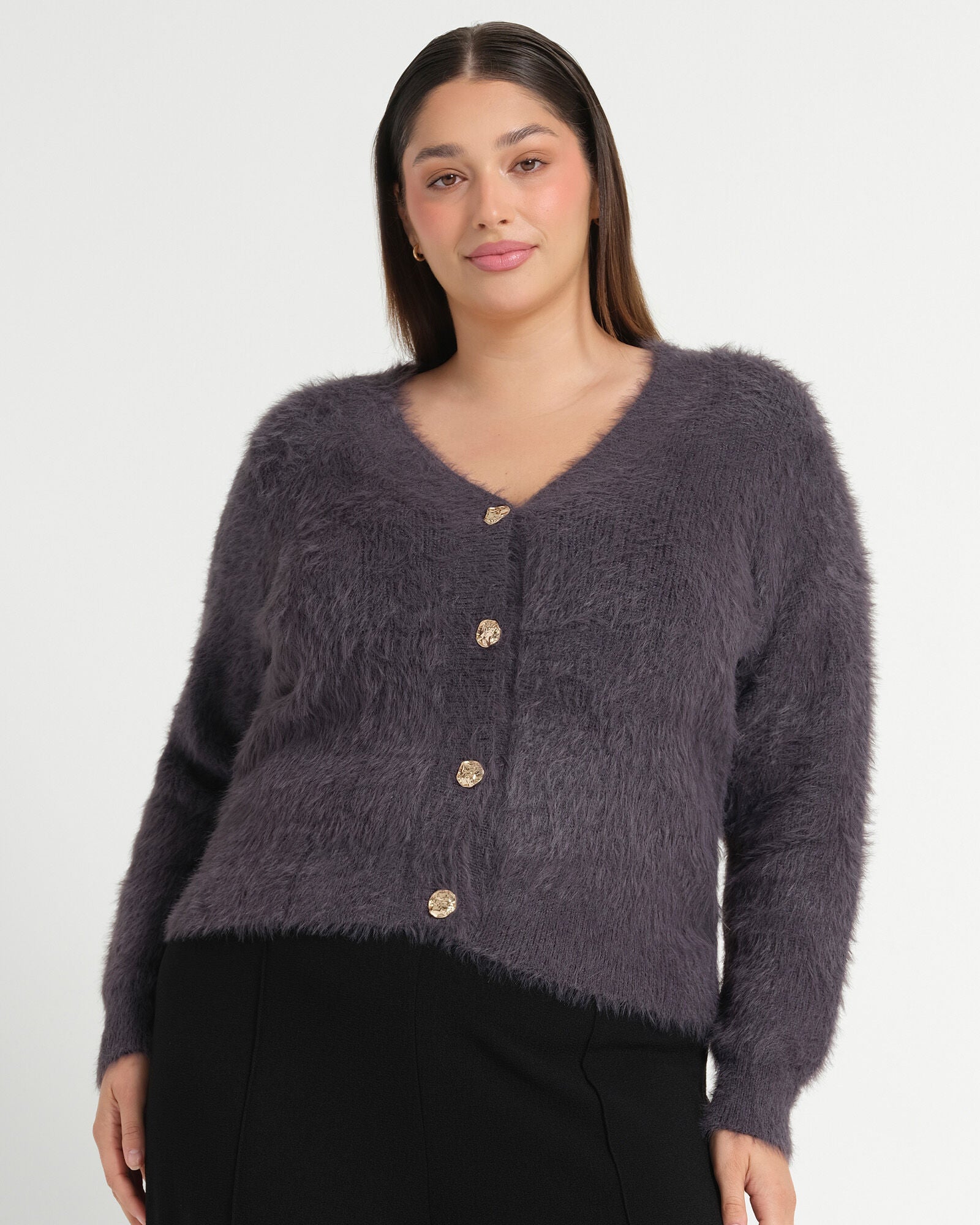 Chantelle V-Neck Button-Front Long Sleeve Cardigan, Slate / Light Grey, alternate image number 1