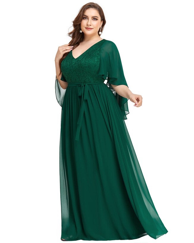 Deep V Neck Lace Bodice Long Flowy Evening Dress, Dark Green / Forest Green, alternate image number null