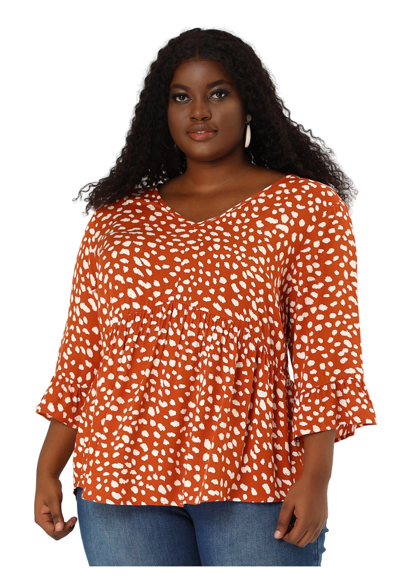 Polka Dots Blouse 3/4 Ruffle Sleeve Peplum Top, Orange / Orange, alternate image number 3