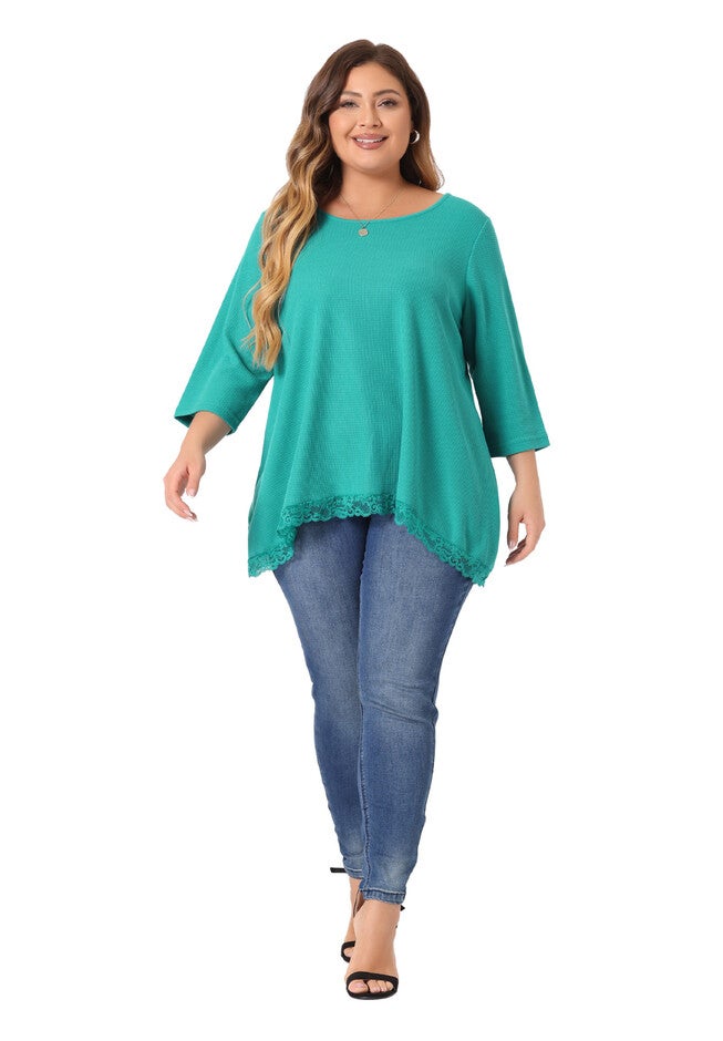 Waffle 3/4 Sleeve Lace Panel Loose High Low Hem Blouse Top, Blue Green / Turquoise, hi-res image number null