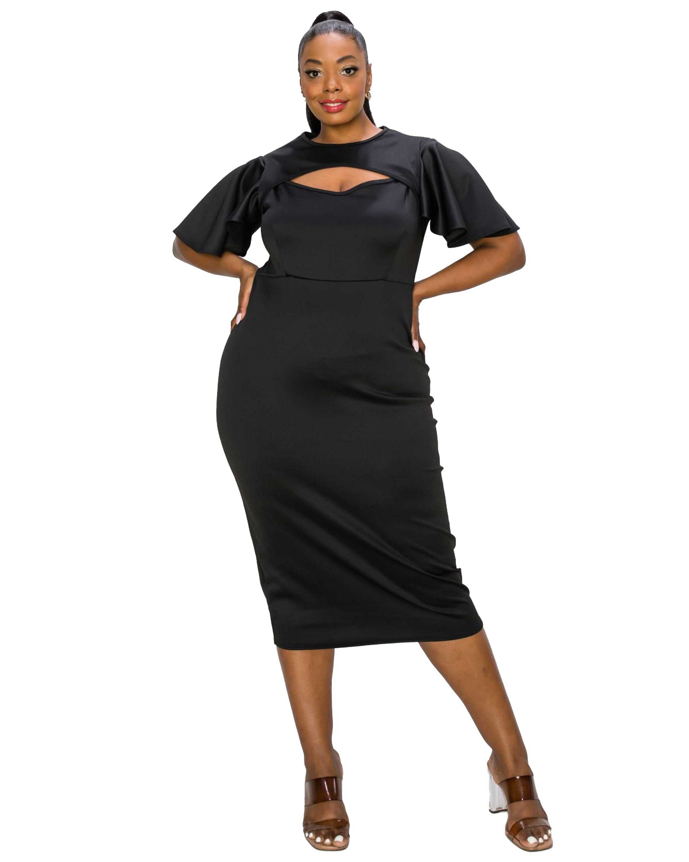 MILLIE CUTOUT FLUTTER DRESS, Black / Black, hi-res image number 0