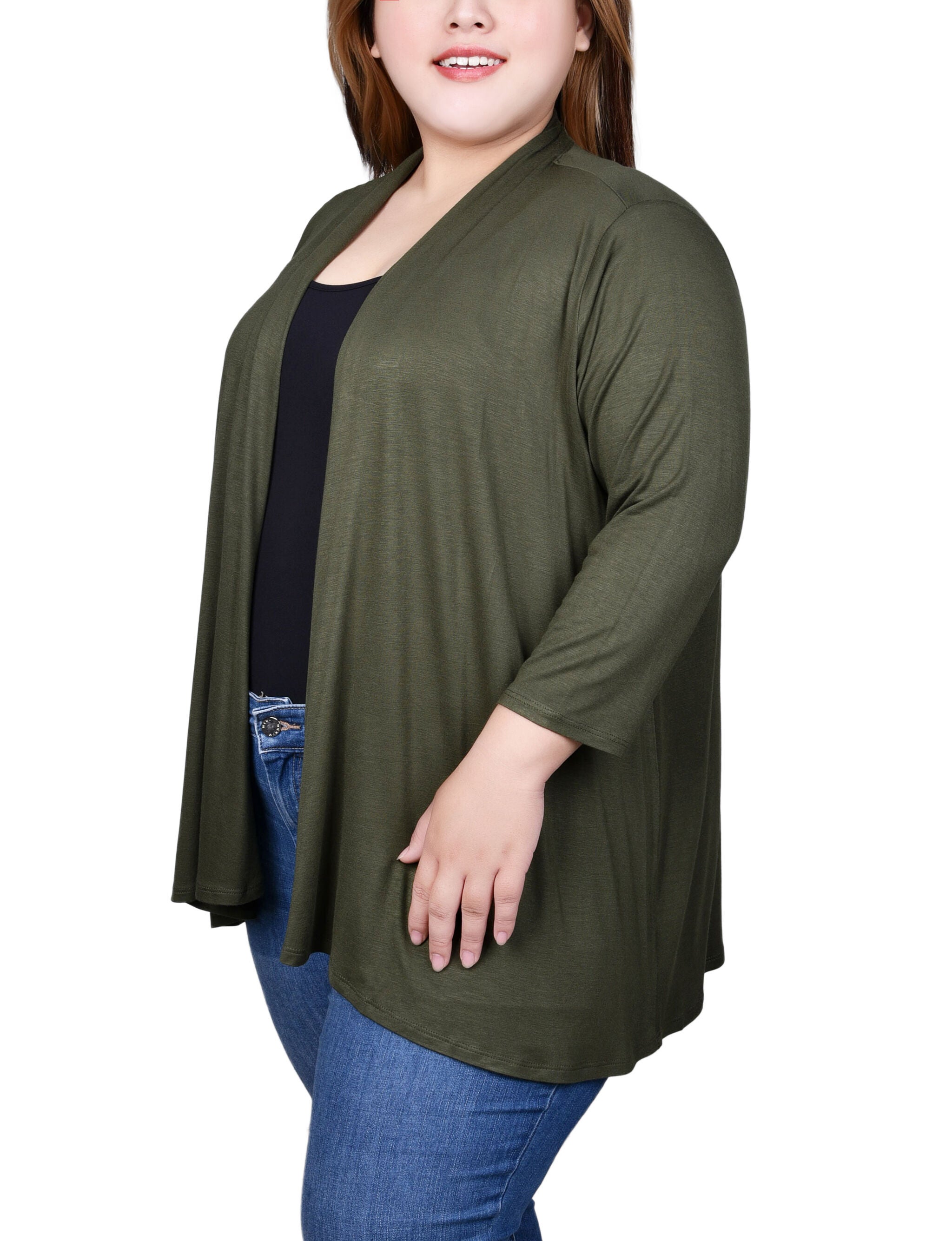 3/4 Sleeve Solid Cardigan, Olivine, alternate image number 2