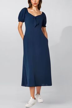 Genevieve Elegant Red A-Line Midi Dress – Puff Sleeve Summer Dress with Tie Front for Women