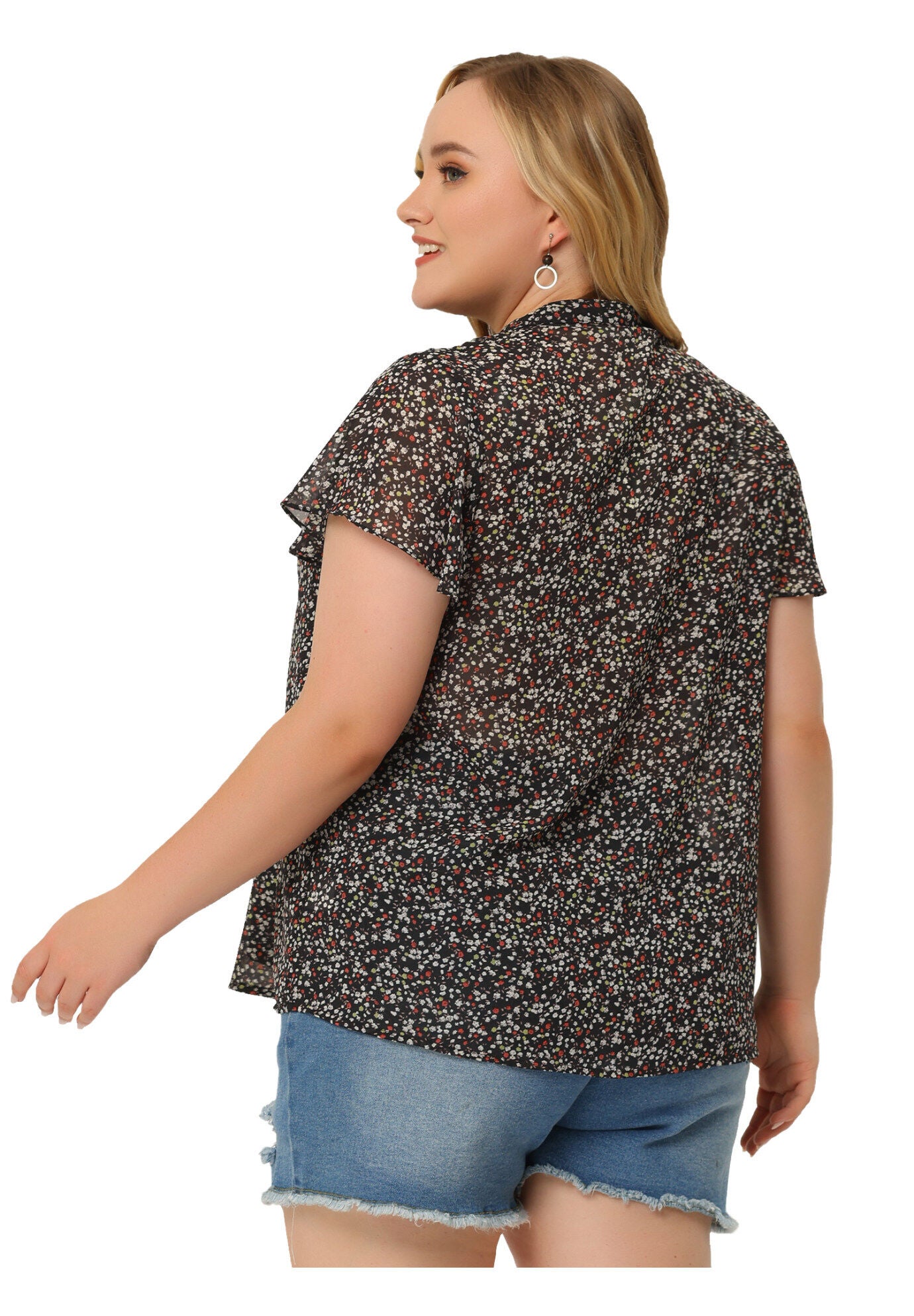 Floral Printed Bib Peasant Blouse Tie Neck Keyhole Boho Top, Black / Black, alternate image number 3