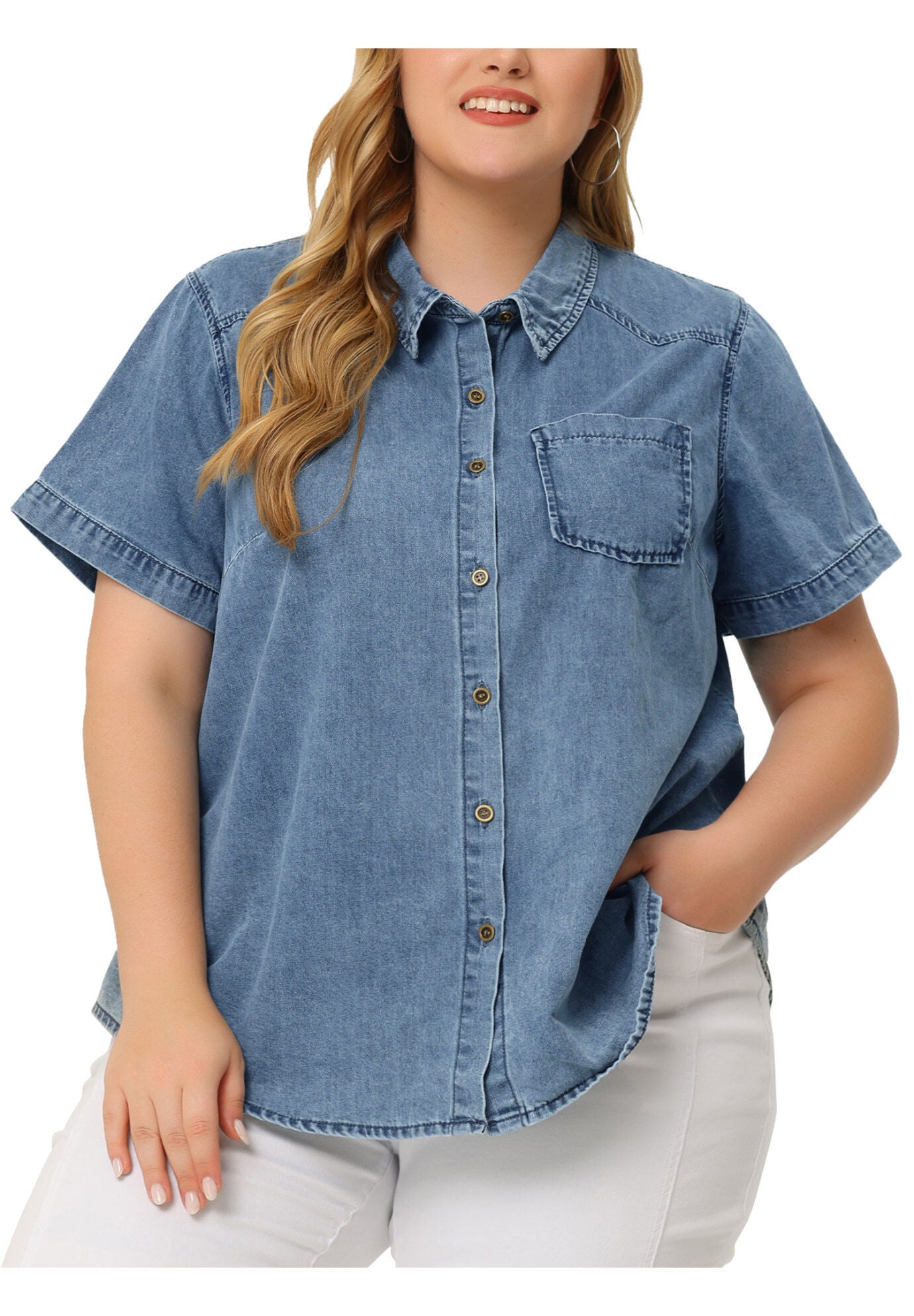 Jean Short Sleeve Button Down Top Denim Shirt, Stone Washed Blue / Medium Wash, alternate image number 2