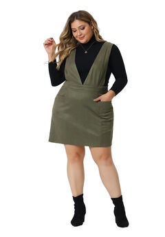 V Neck Sleeveless Faux Suede Pockets Pinafore Overall Mini Dress