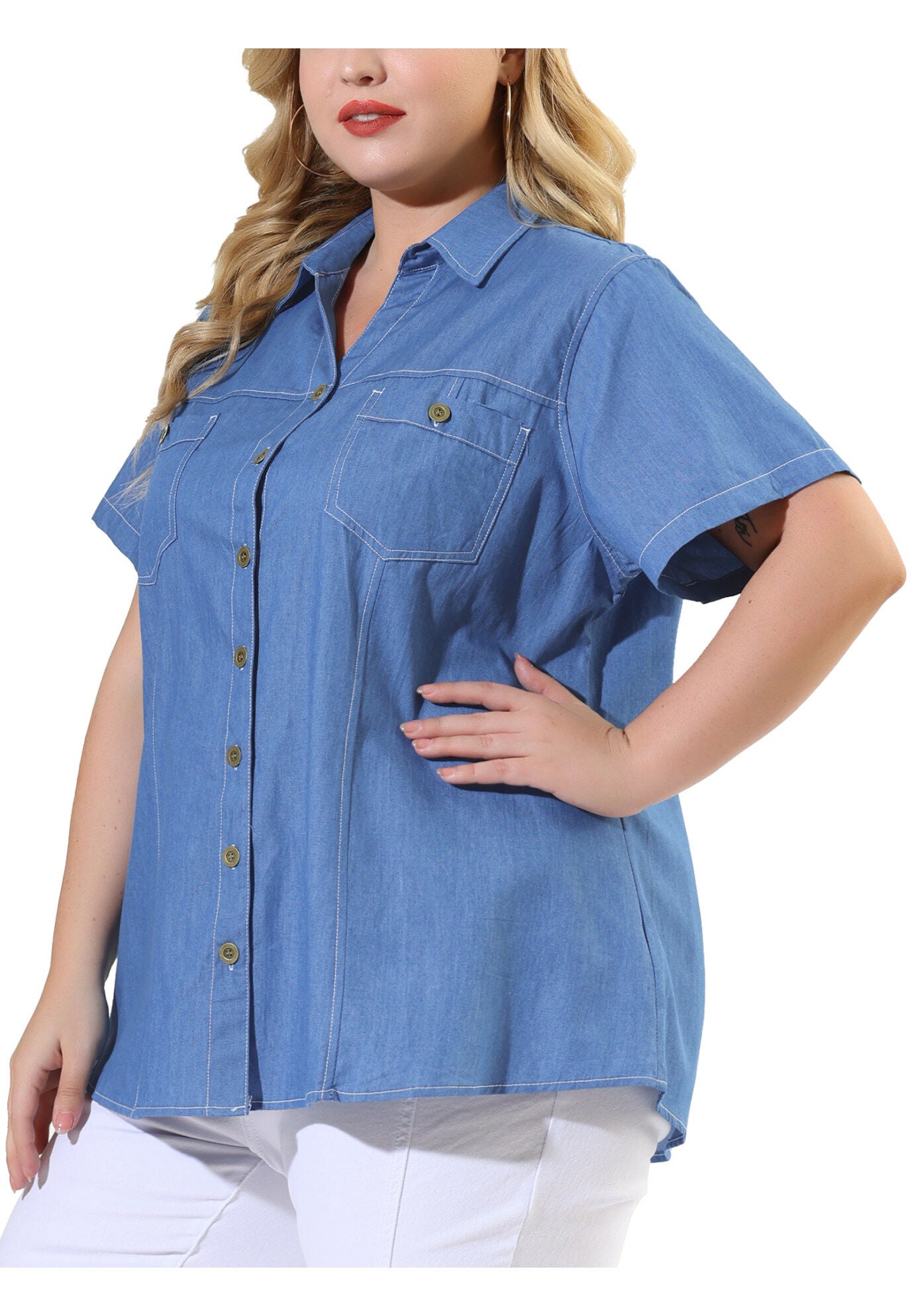 Short Sleeve Chambray Button Down Denim Shirt, Sky Blue / Light Blue, alternate image number 2