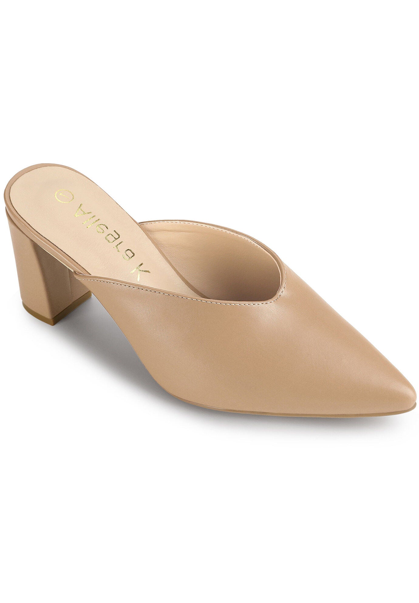 Pointed Toe Chunky Heels Slides Mules, Nude / Beige, hi-res image number 0