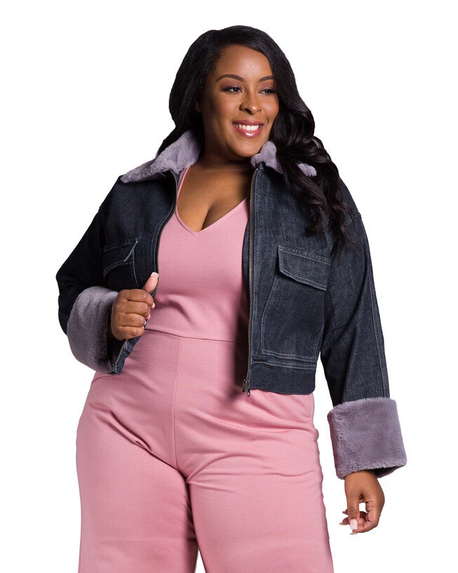 Tina Women's Plus Size Zip Up Faux Fur Trim Trucker Jacket, , alternate image number 5