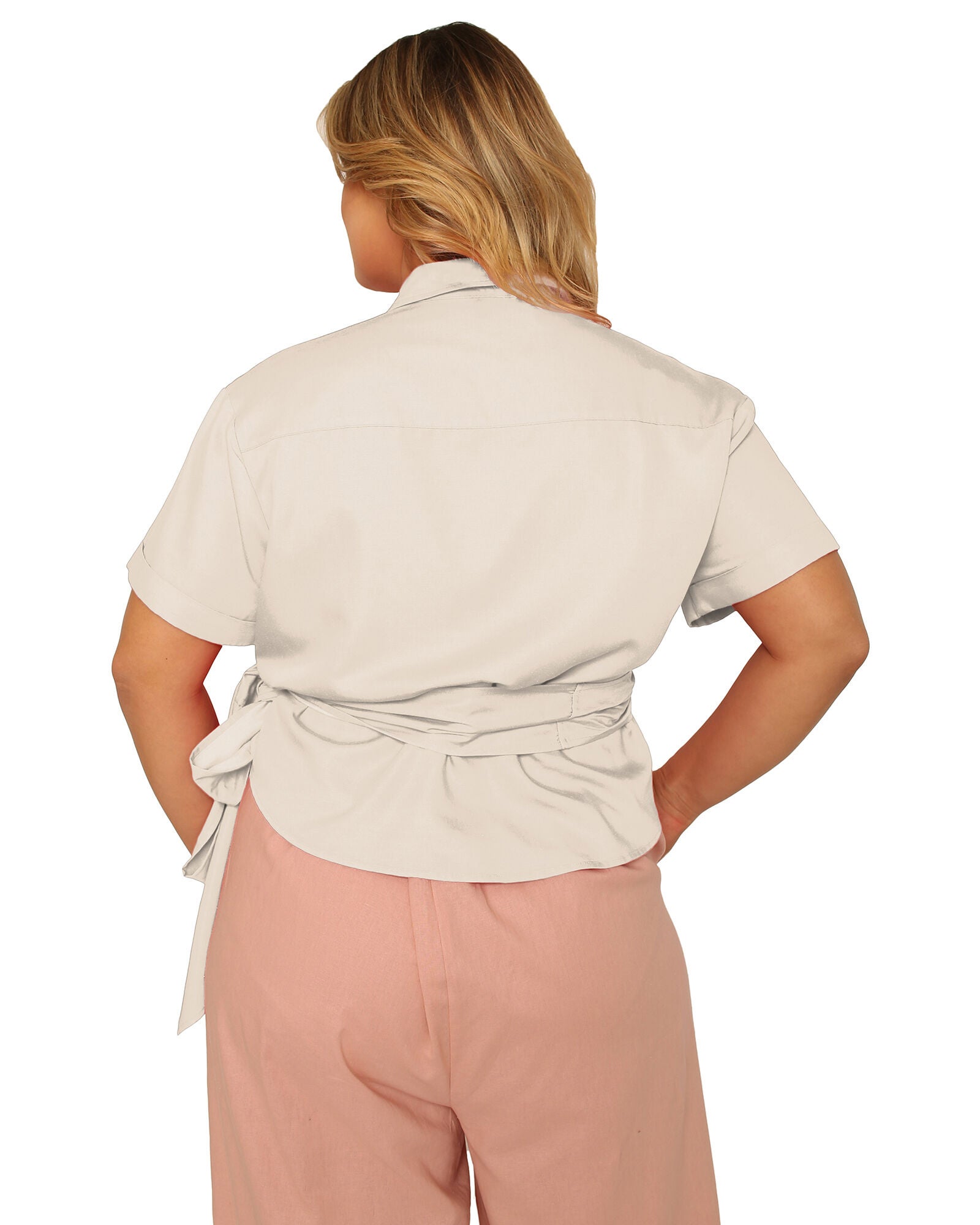 Iris Plus Size Short Sleeve Wrap Tie Tencel Blouse, Beige / Beige, alternate image number 2