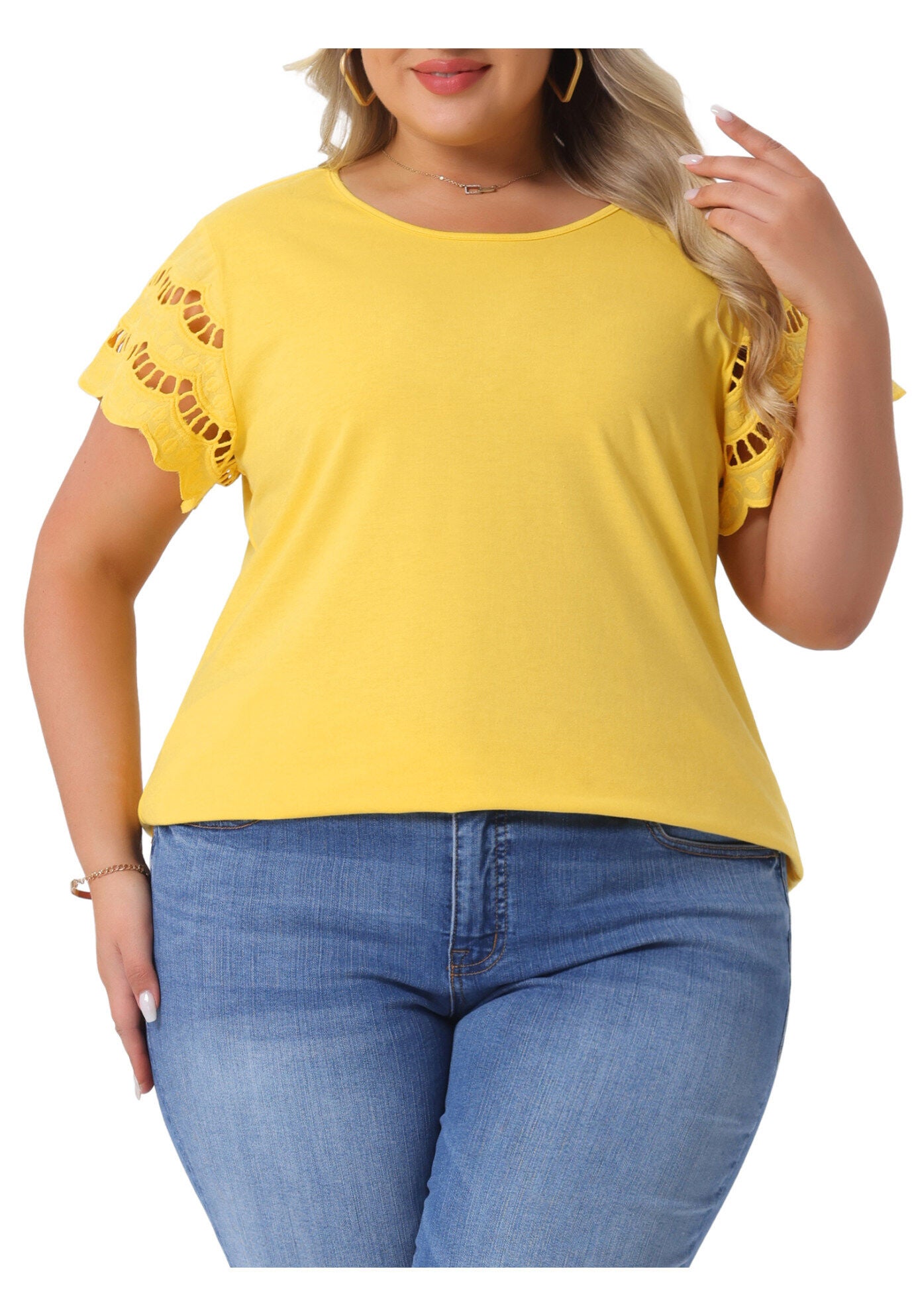 Lace Panel Hollow Short Sleeve Summer Blouse, Yellow / Yellow, alternate image number 2