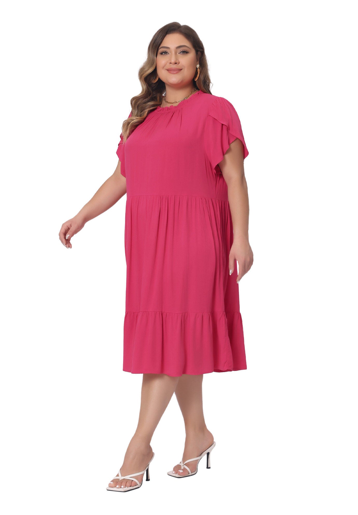 TIE BACK PETAL SLEEVE MOCK NECK RUFFLE HEM A-LINE SWING MIDI DRESS, Hot Pink / Pink, hi-res image number 0