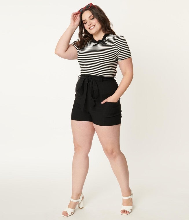 Unique Vintage Black High Waist Tied & True Shorts, Black / Black, hi-res image number 0