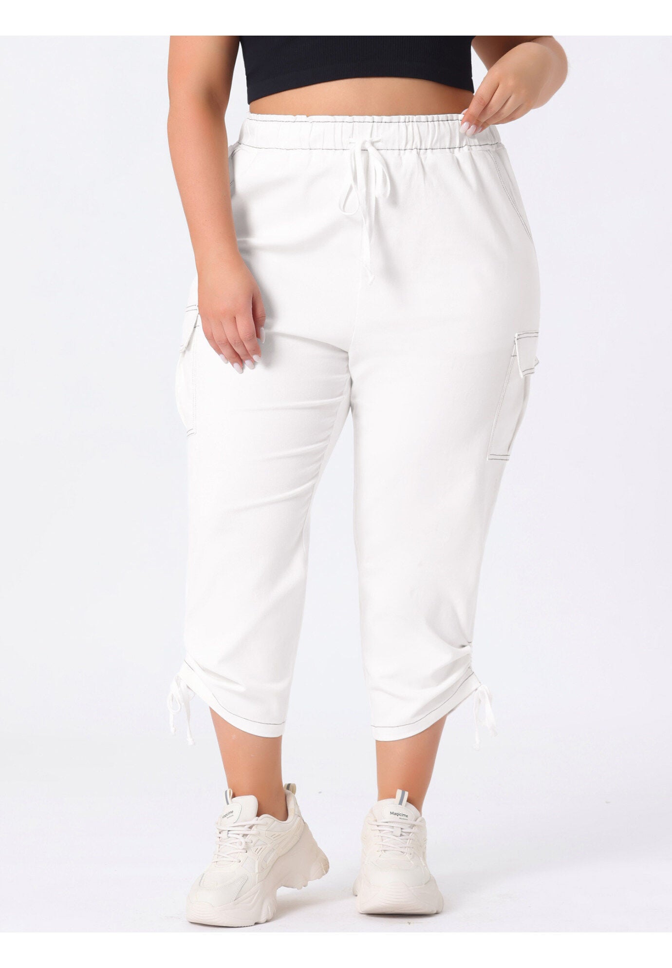 DRAWSTRING ELASTIC WAIST CARGO PANTS, White / White, alternate image number 1