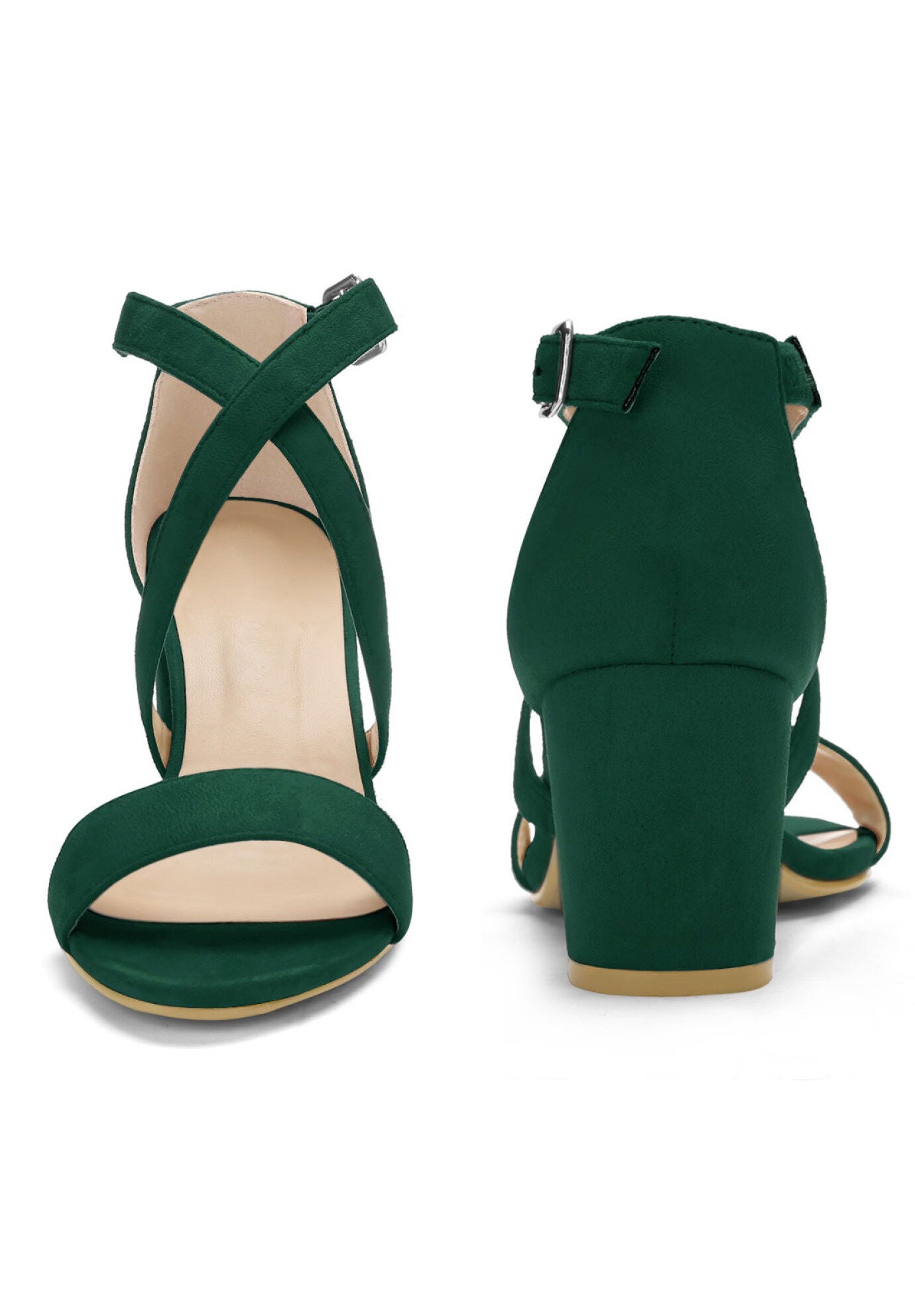 Crisscross Strap Open Toe Chunky Heels Sandals, Dark Green / Forest Green, alternate image number 2