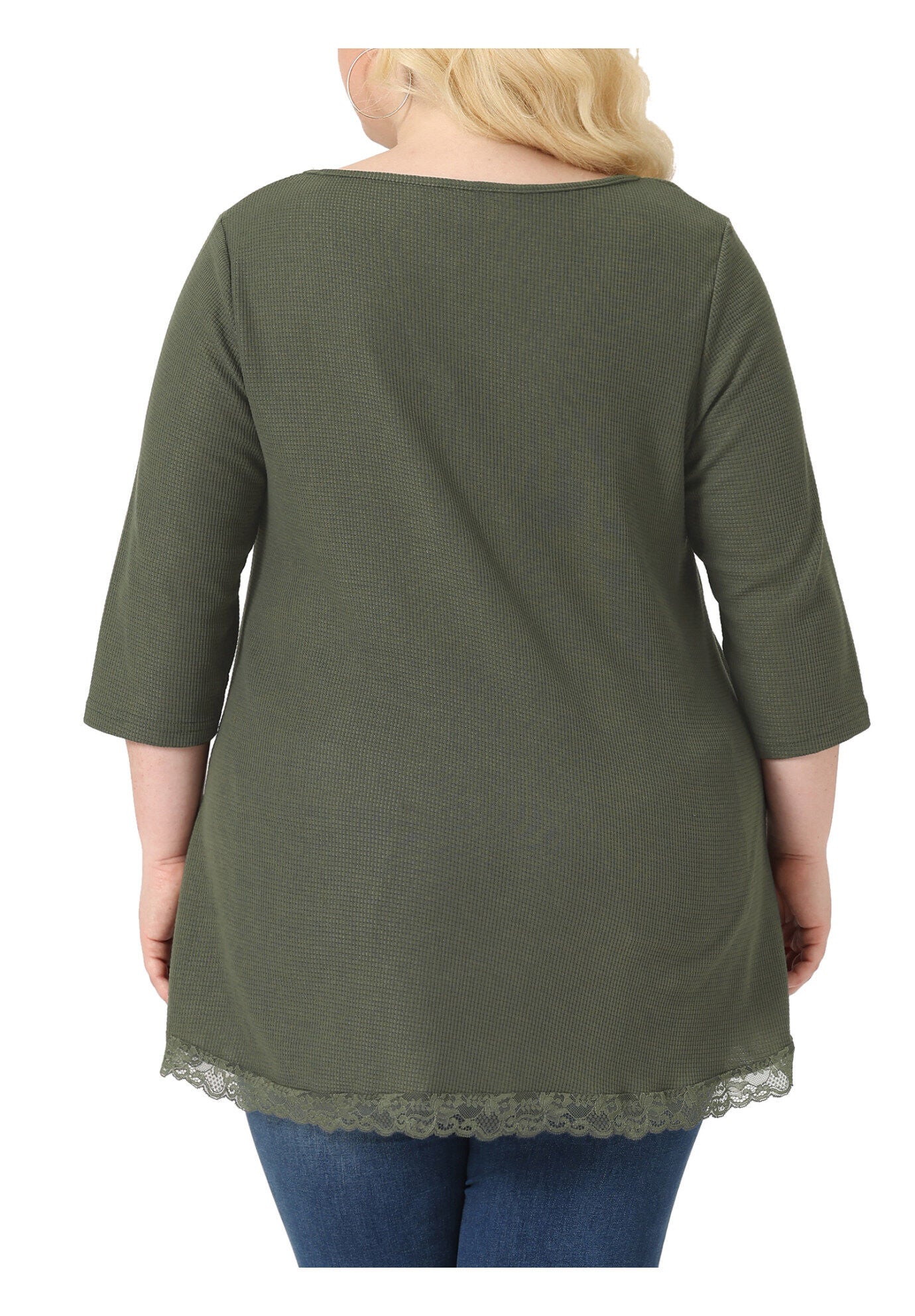 Waffle 3/4 Sleeve Lace Panel Loose High Low Hem Blouse Top, Army Green / Olive Green, alternate image number 3