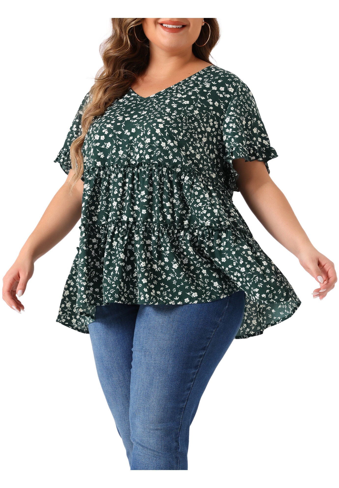 Floral Print V Neck Ruffles Sleeve Tiered Babydoll Blouse, Green / Forest Green, alternate image number 1