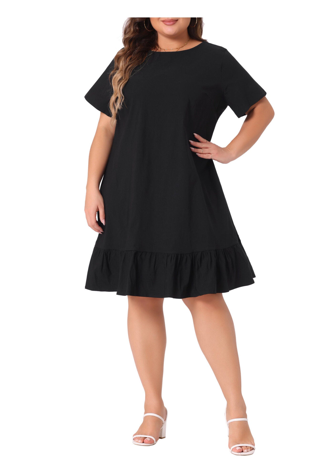 Ruffle Hem Casual Short Sleeve Chambray Dress, Black / Black, alternate image number 2