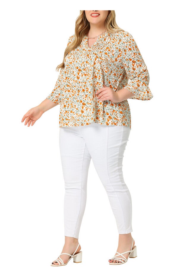 Pleated Long Sleeves V Neck Floral Blouse Top, White / White, alternate image number 1