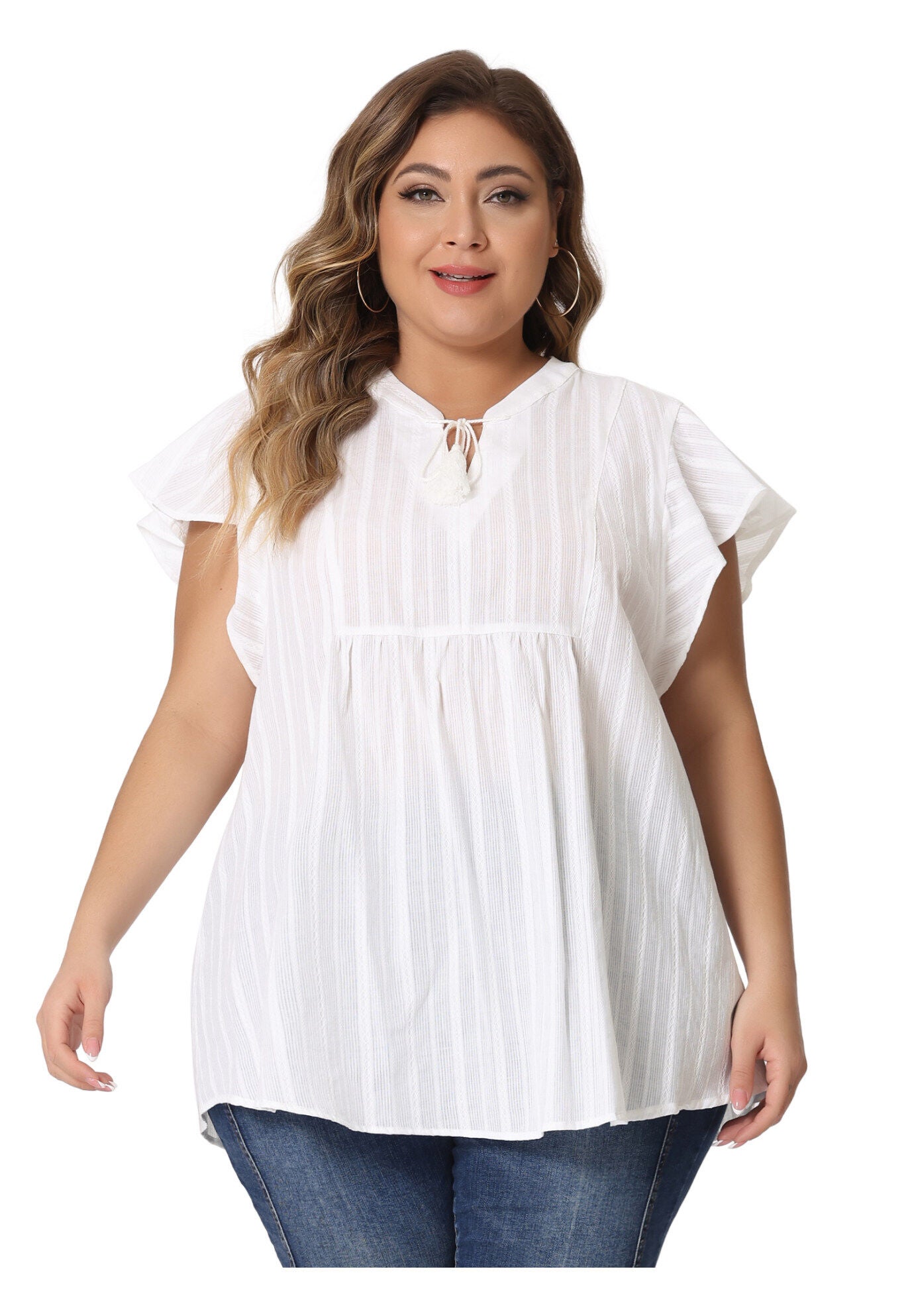 V NECK TASSEL SELF TIE FLUTTER BLOUSE, White / White, alternate image number 1