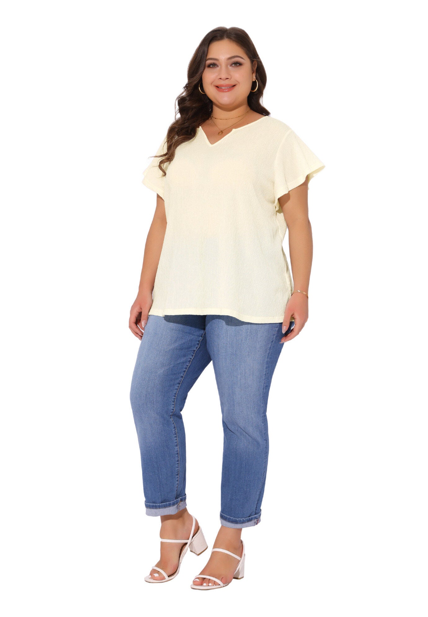 V Neck Ruffle Short Sleeve Summer Blouse, Beige / Beige, hi-res image number 0