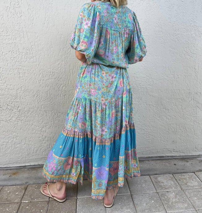 HIBISCUS LANE BUTTON THROUGH MAXI GOWN IN BLUE FLORAL, Blue Floral / Light Blue, alternate image number 2
