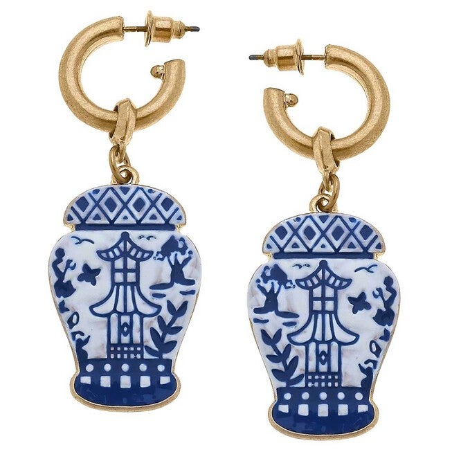 WOMEN'S AUBREE ENAMEL PAGODA GINGER JAR EARRINGS IN BLUE/WHITE, BlueWhite / White, hi-res image number null