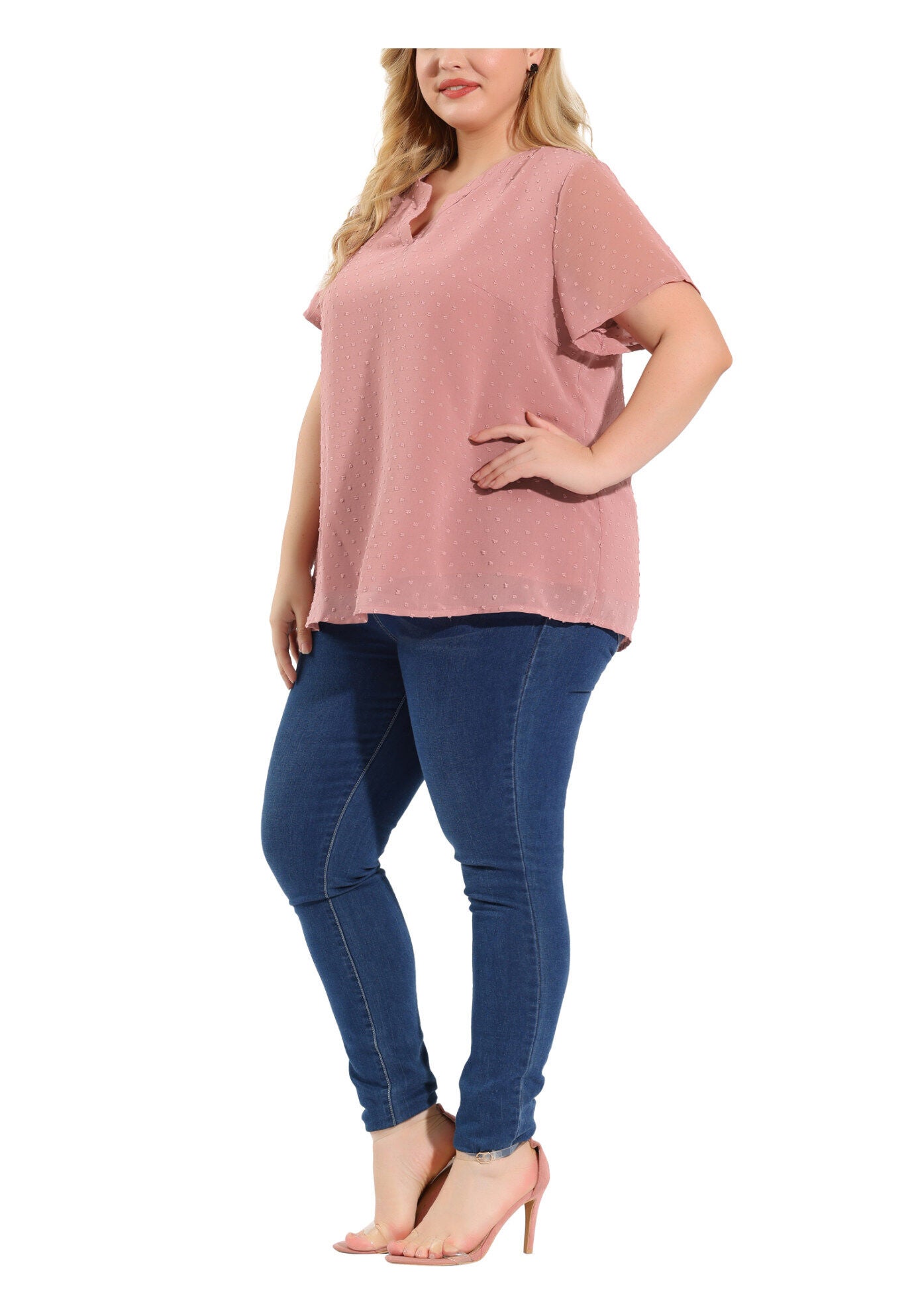 Swiss Dots Notched Neck Short Sleeve Basic Blouse, Pink / Pink, alternate image number 2