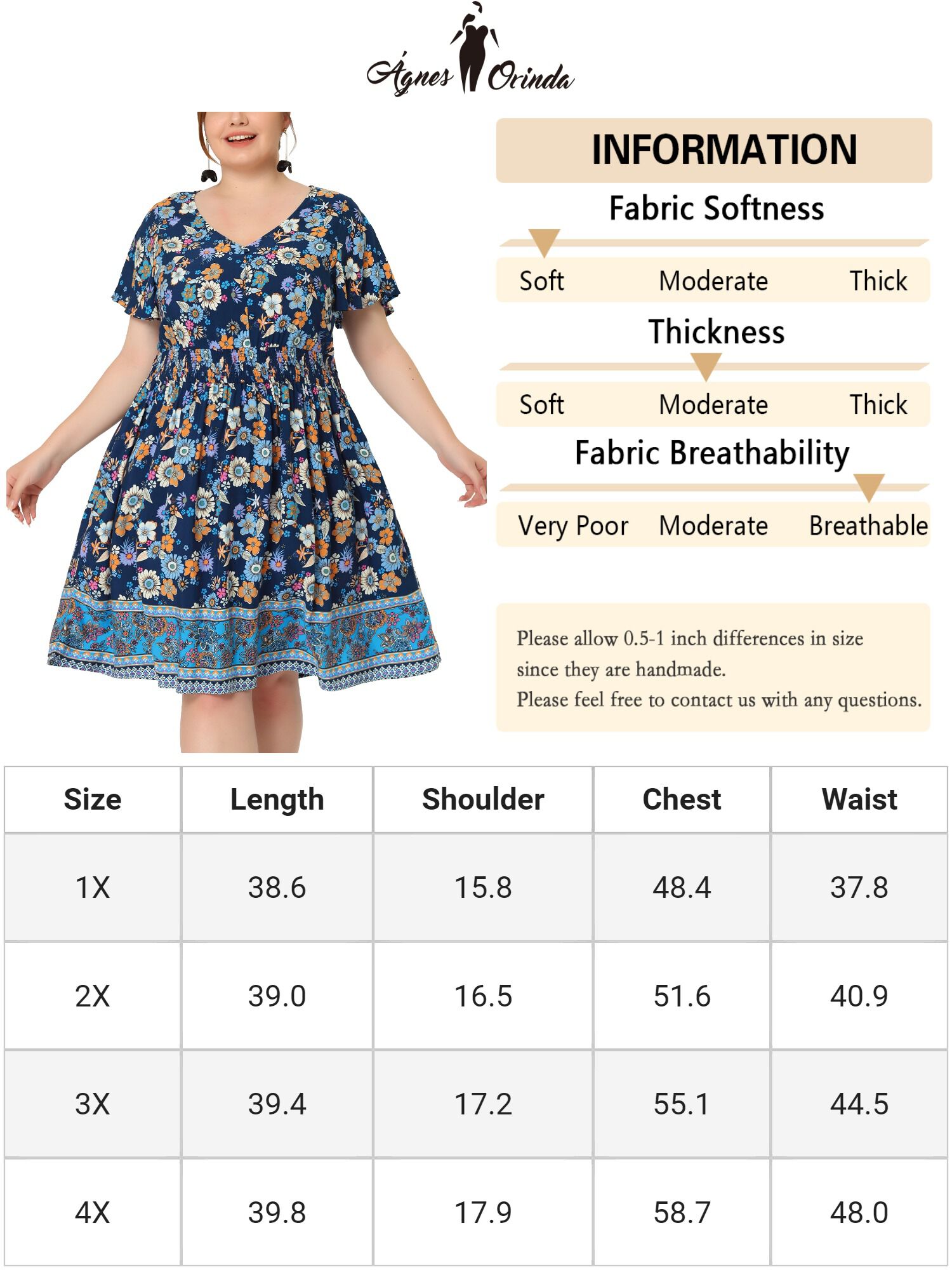 Placed Pattern Bohemian Smock Waist V Neck Summer Midi Dress, Dark Blue / Navy, alternate image number 4