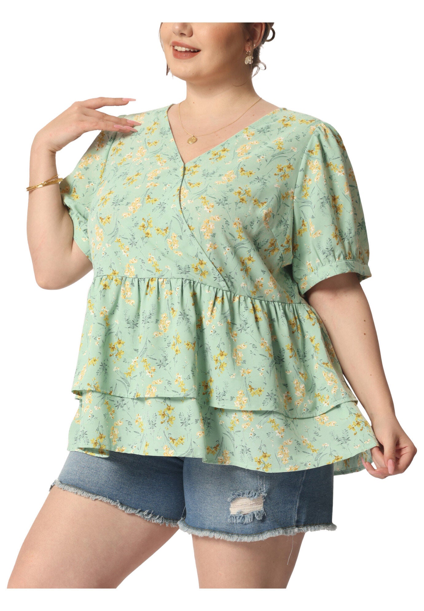 V Neck Short Sleeve Layered Peplum Top Summer Floral Blouse, Green / Light Green, alternate image number 2