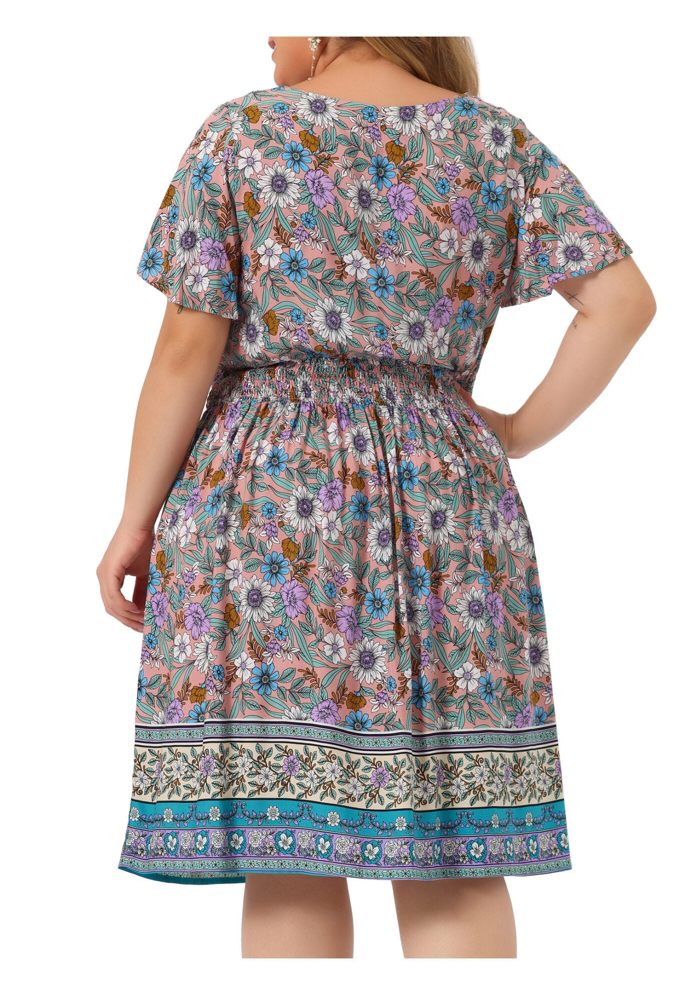 Placed Pattern Bohemian Smock Waist V Neck Summer Midi Dress, Pink / Pink, alternate image number 3