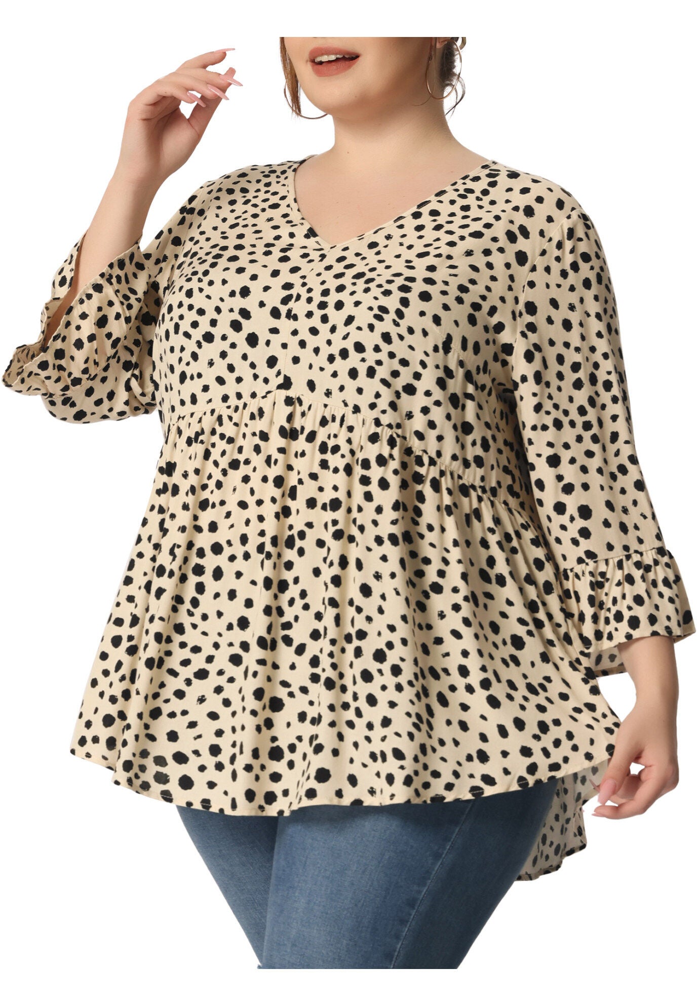 Polka Dots Blouse 3/4 Ruffle Sleeve Peplum Top, Apricot / Cream, alternate image number 3