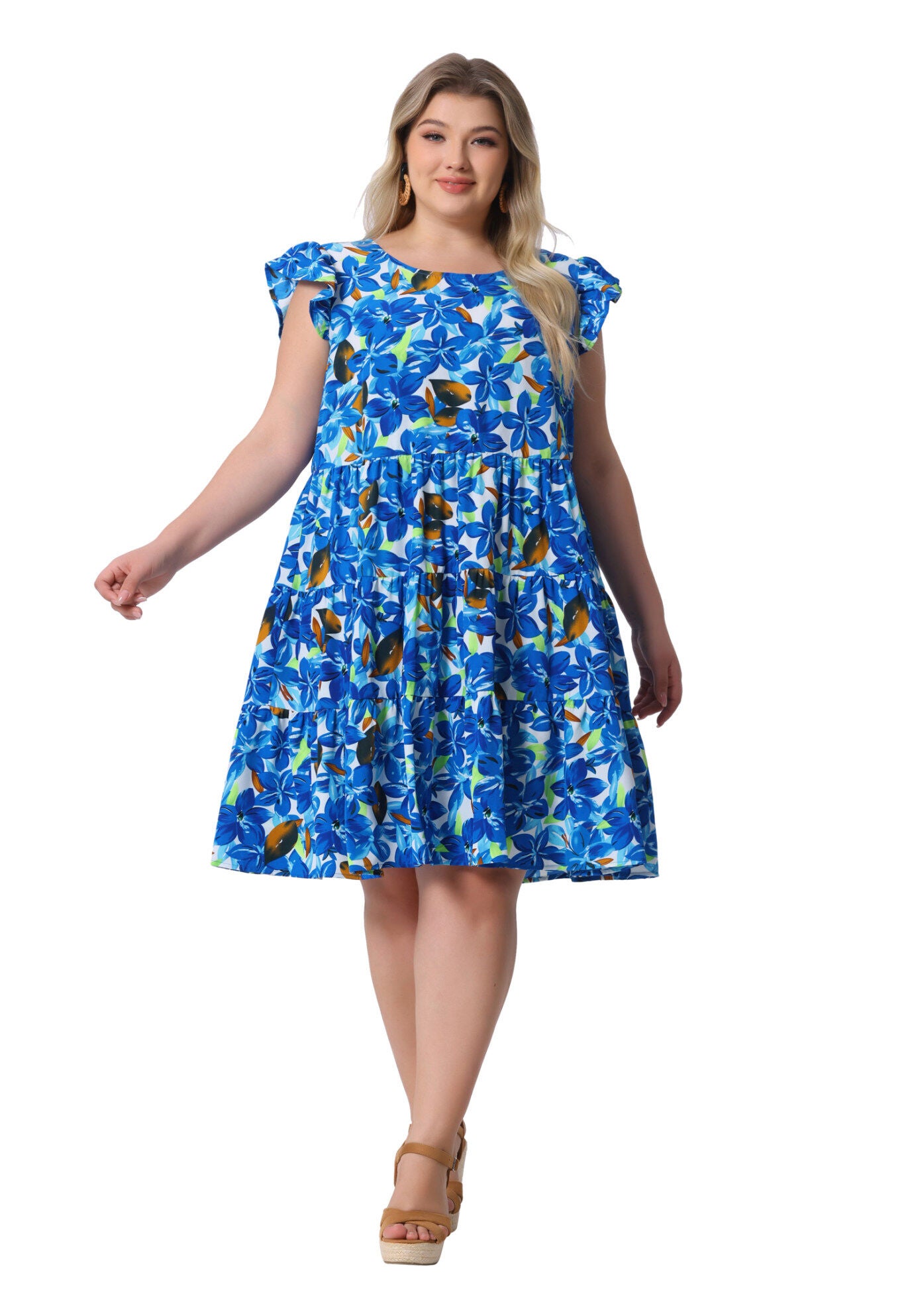 Summer Flutter Sleeves Floral Print Tiered Babydoll Ruffle Dress, Blue / Azure Blue, hi-res image number 0