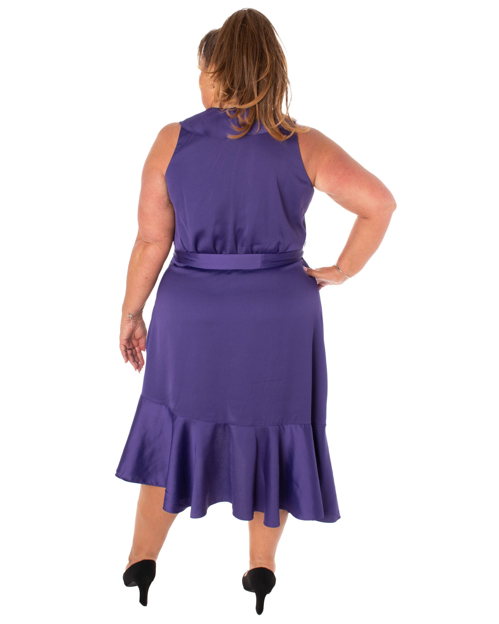 SATIN BACK CREPE FULLY LINED DRESS W/SELF SASH, ROYAL PURPLE / Purple, alternate image number 3