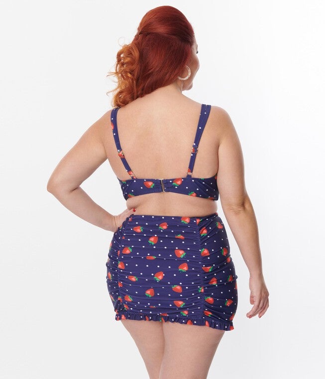 Unique Vintage Navy Strawberry Pin Dot Ruffled Swim Skirt, , alternate image number null