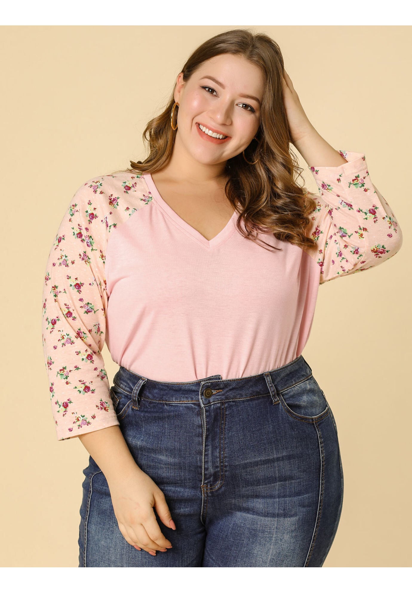 Casual V Neck 3/4 Sleeve Floral Raglan Top, Pink / Pink, alternate image number 1