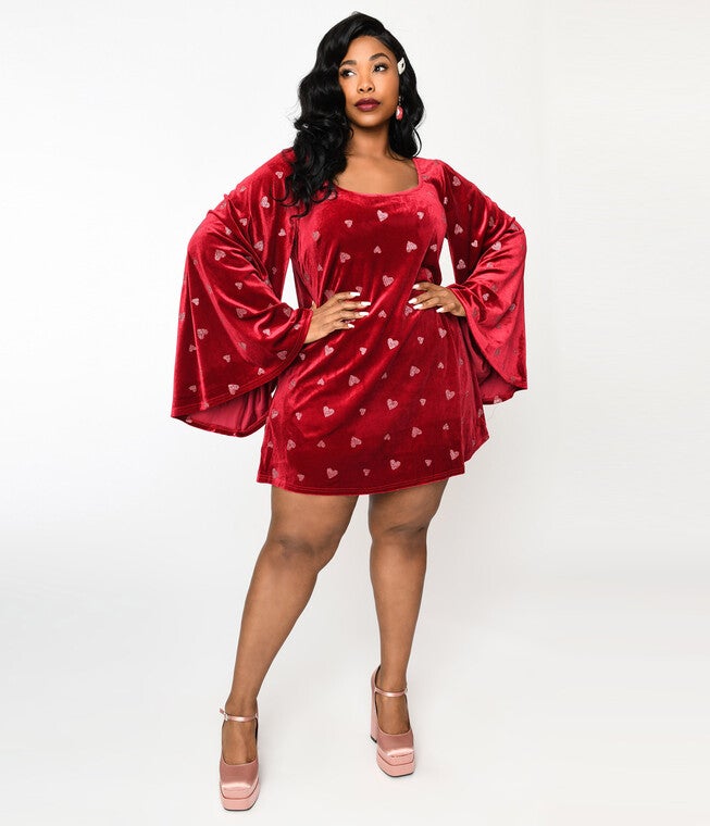 Smak Parlour Plus Size Red Velvet & Pink Heart Downtown Scene Mini Dress, Red Velvet Pink Heart / Red, hi-res image number null