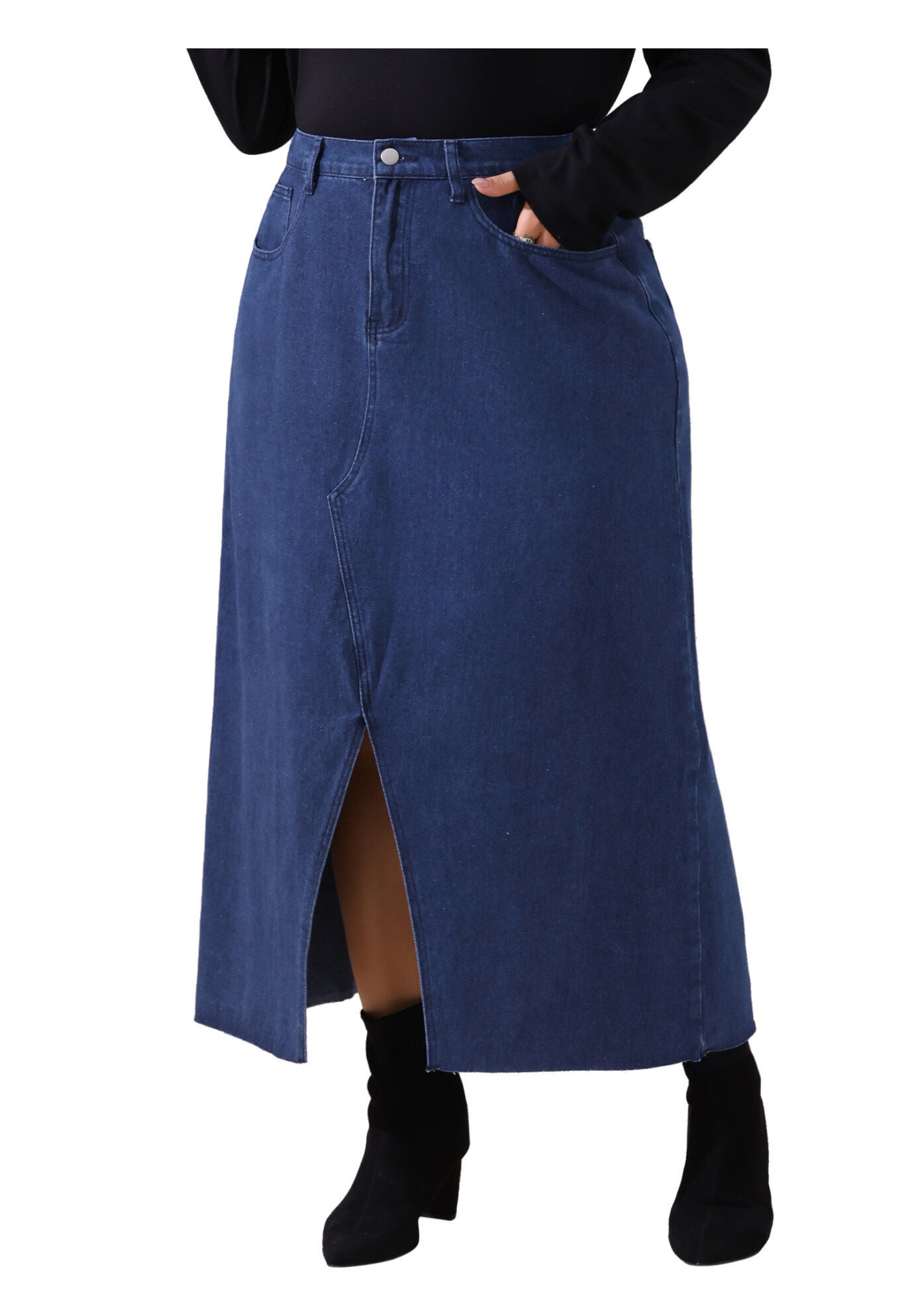 Denim Frayed Raw Hem High Waist Front Slit Long Jean Maxi Skirt, Dark Blue / Navy, alternate image number 2