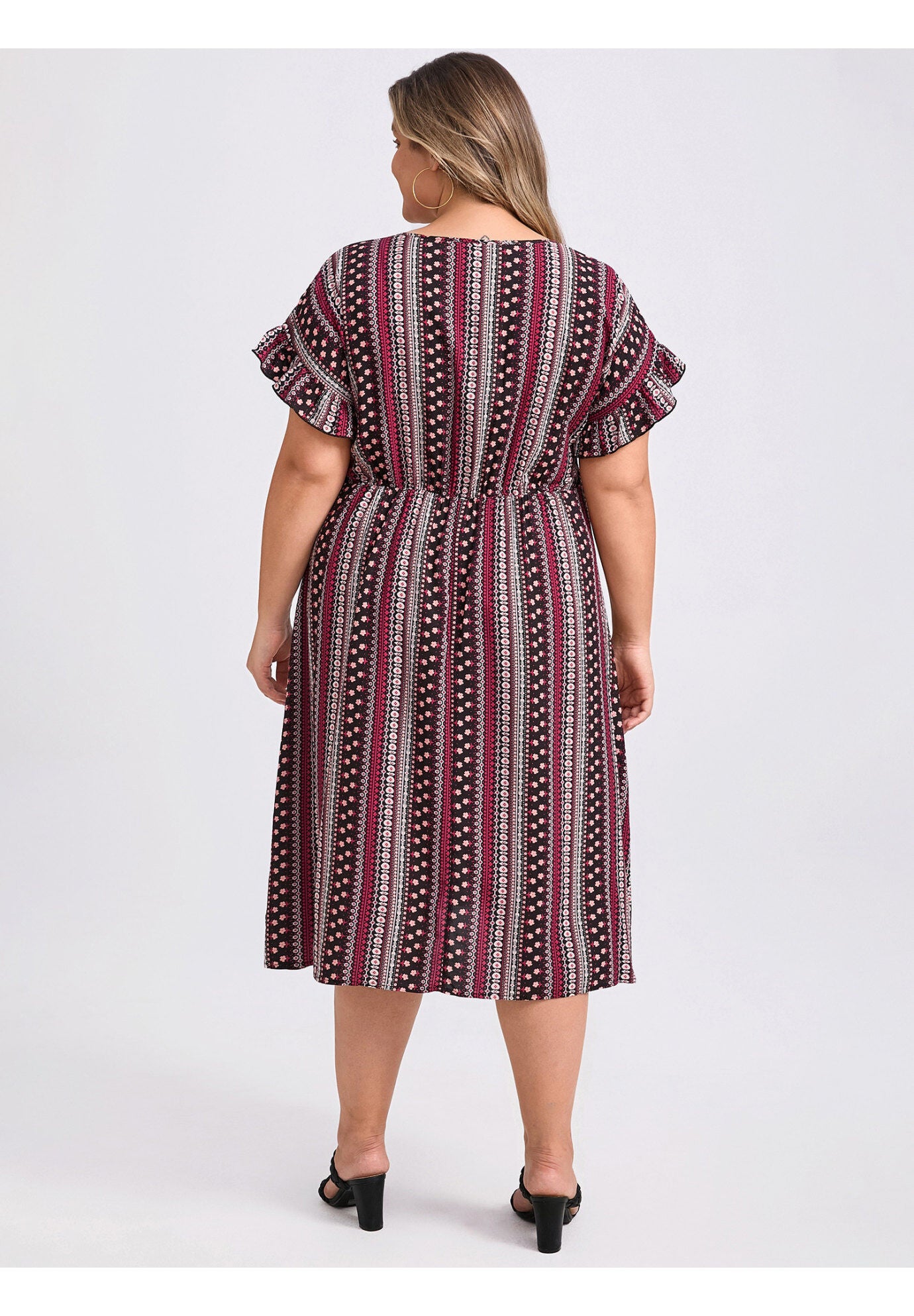 Boho Floral Stripe V Neck Ruffle Sleeve Flowy Midi Dress with Pockets, Berry Red / Red, alternate image number 2