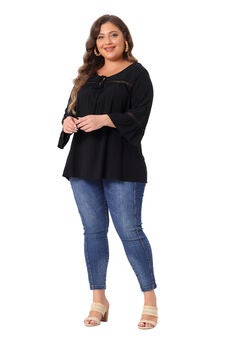3/4 FLARE SLEEVE PEASANT KEYHOLE TIE BLOUSE TOP