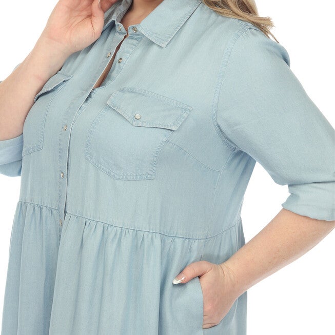 Long Sleeve Tiered Midi Shirt Dress, Denim Blue / Chambray Denim Medium, alternate image number null