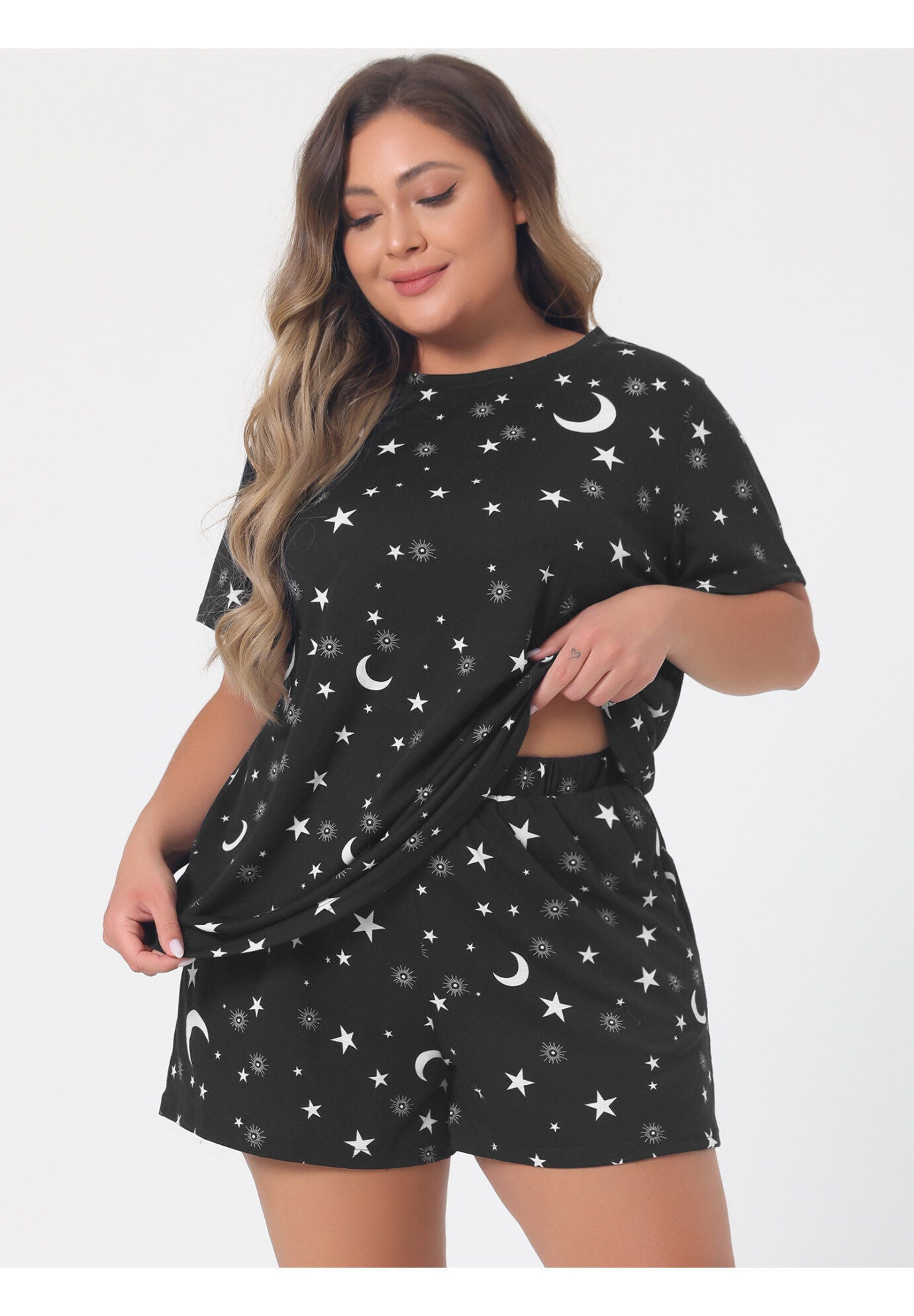 POLKA DOTS SLEEPWEAR PAJAMAS SET SHORT SLEEVE SHIRT AND SHORTS, Black / Black, alternate image number 4