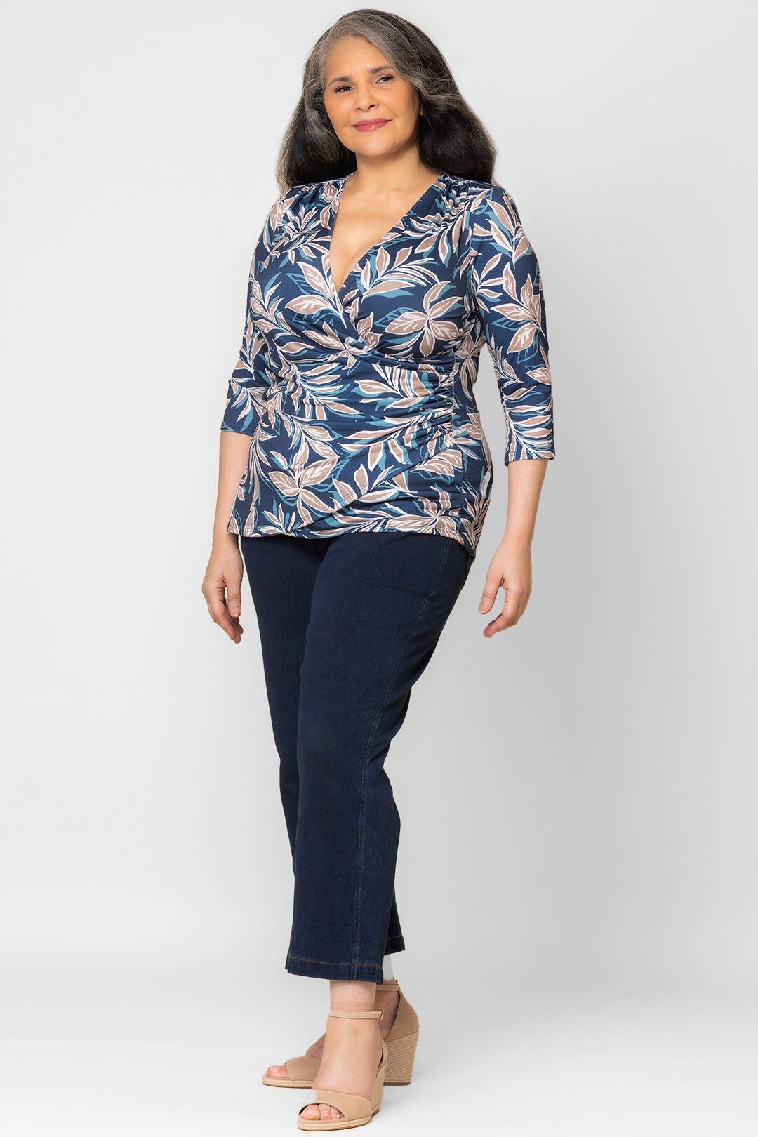 Femme Fatale Faux Wrap Top, Teal Botanical Print / Teal, alternate image number 3