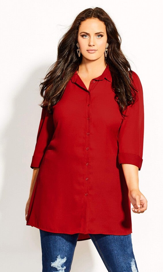 City Chic Women's Plus Dynamic Tunic Top Collar Rolled Sleeve Red Size 24W, Red / Red, hi-res image number 0