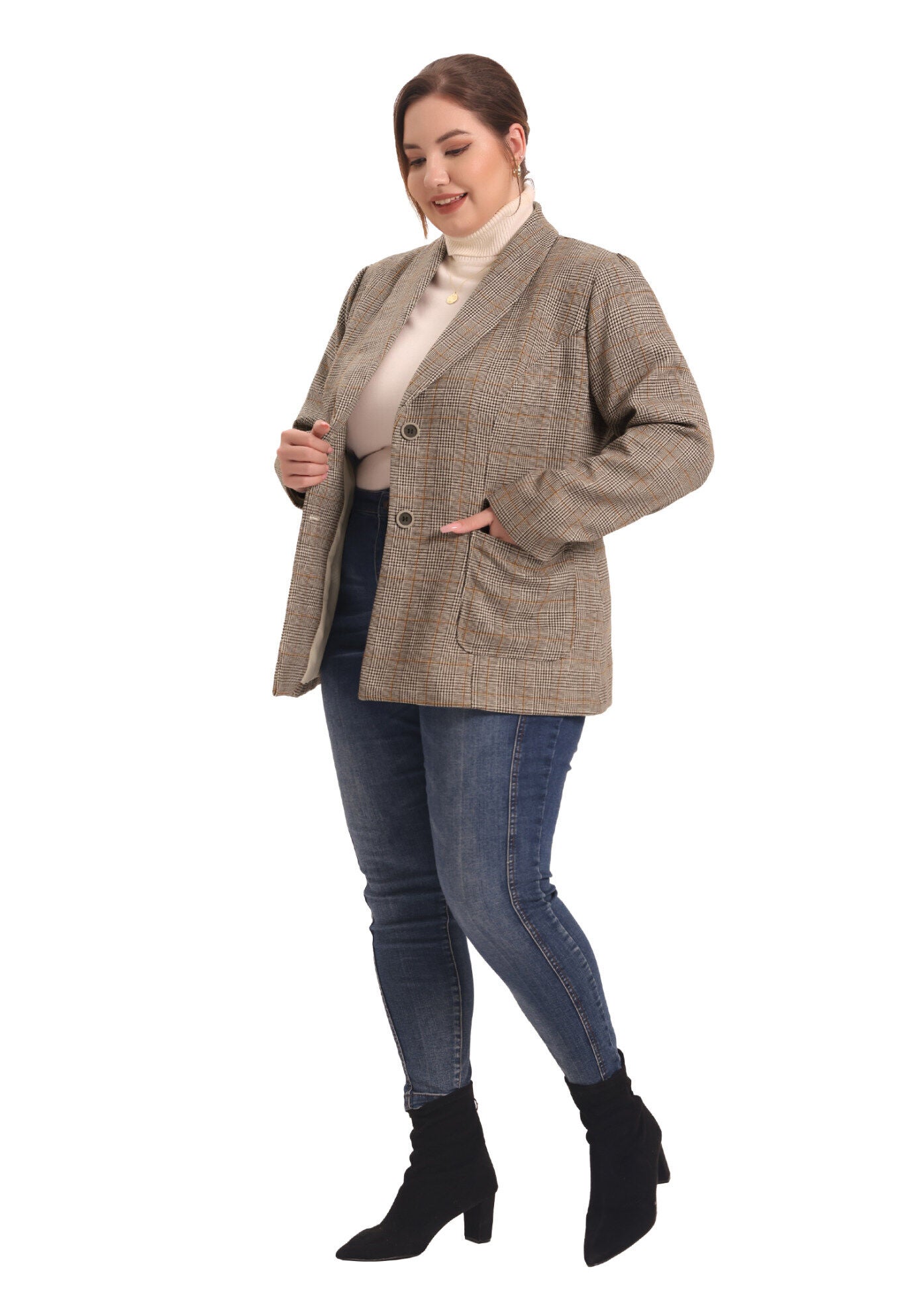 PLAID LAPEL SINGLE BREASTED BLAZER, Brown / Brown, hi-res image number 0