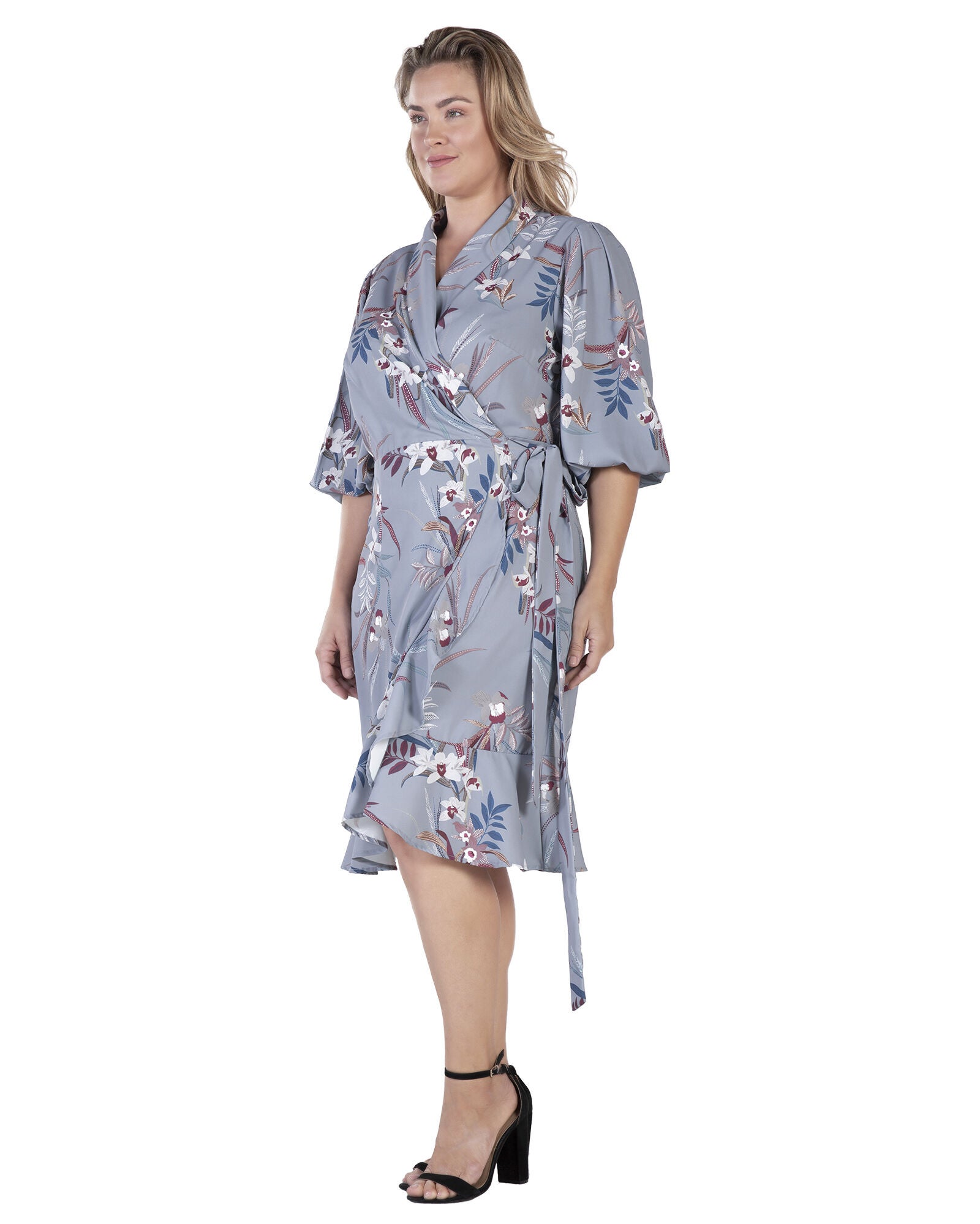 Kylie Double Georgette Dusty Pink Ruffles Wrap Midi Dress, Grey Tropical Floarl / Light Grey, alternate image number 2