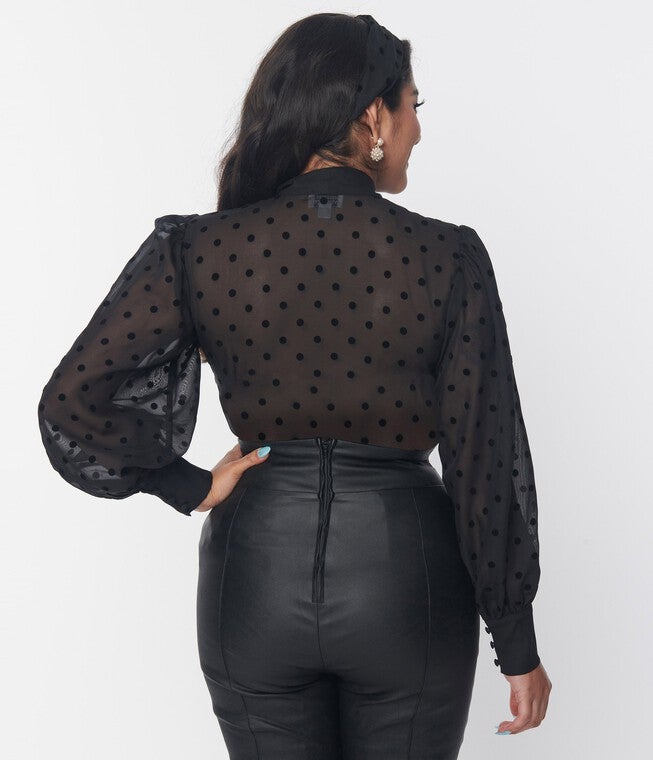 Unique Vintage Black Flocked Polka Dot Tie Neck Gwen Blouse, Black Polka Dot / Black, alternate image number null