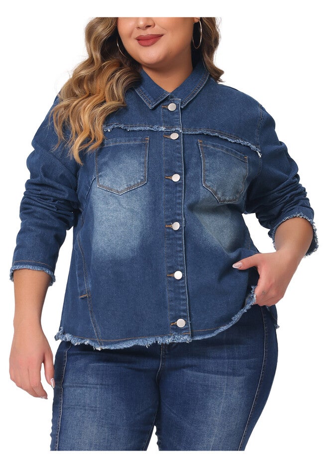 FRAYED HEM CLASSIC WASHED DENIM JEAN JACKET, Dark Blue / Navy, alternate image number 4