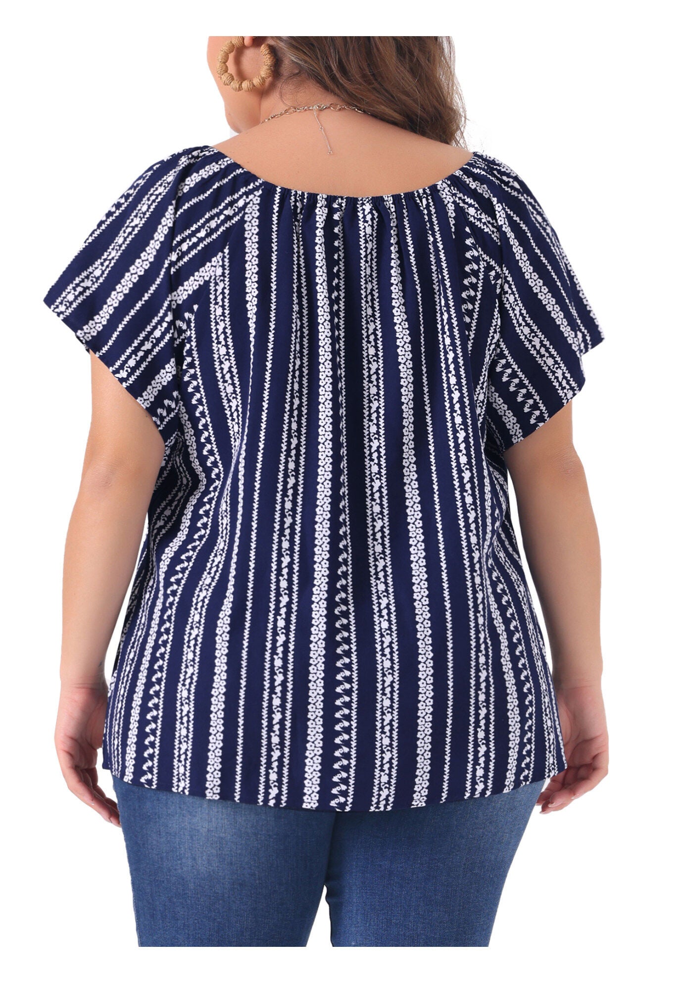 BOHO OFF SHOULDER SHORT SLEEVE CASUAL T-SHIRT TOP, Dark Blue / Navy, alternate image number 3